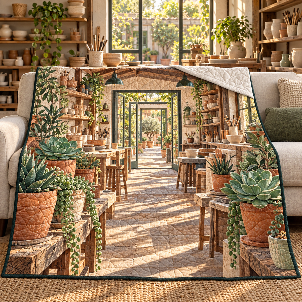 Succulent Pottery Studio Quilt Blanket with flat printed succulent pottery studio artwork