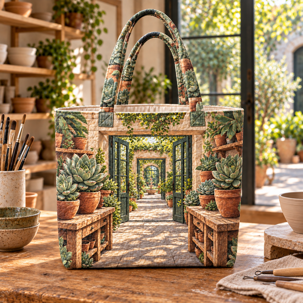 Succulent Pottery Studio Quilted Tote Bag with flat printed succulent pottery studio artwork