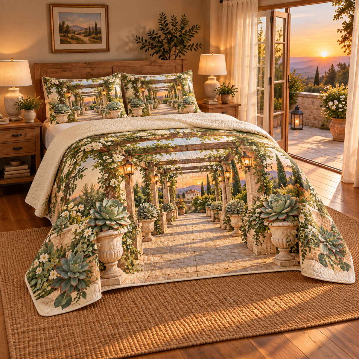 Succulent Welcome Terrace Quilted Bedding Set with flat printed succulent welcome terrace artwork