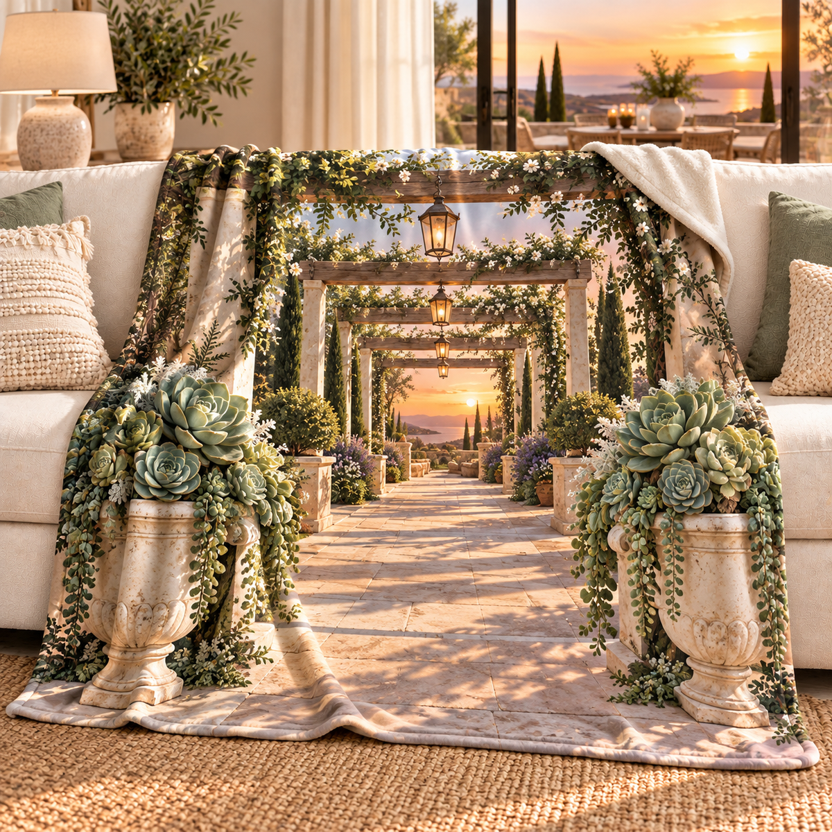 Succulent Welcome Terrace Sherpa & Fleece Blanket with flat printed succulent welcome terrace artwork