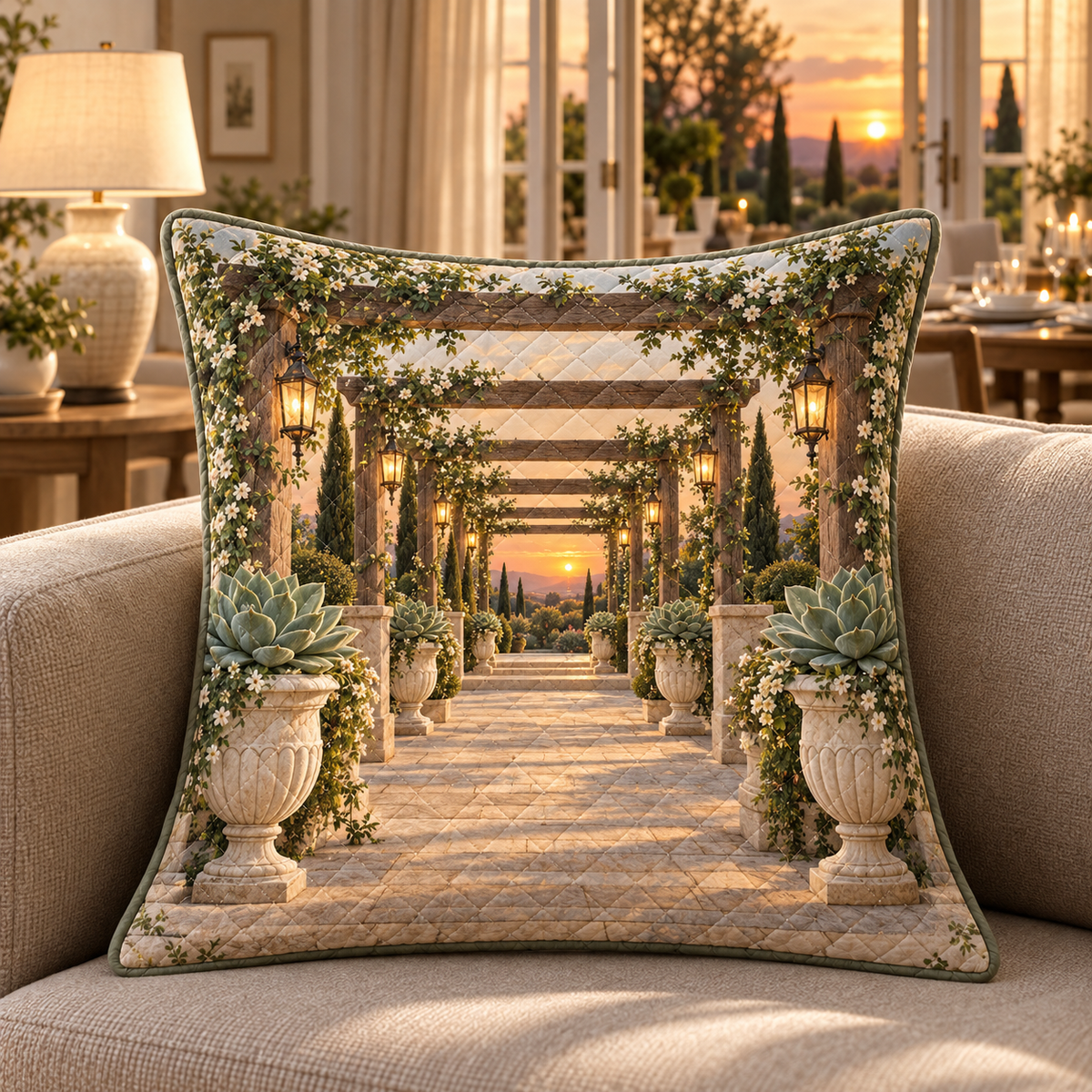 Succulent Welcome Terrace Quilted Cushion Cover with flat printed succulent welcome terrace artwork