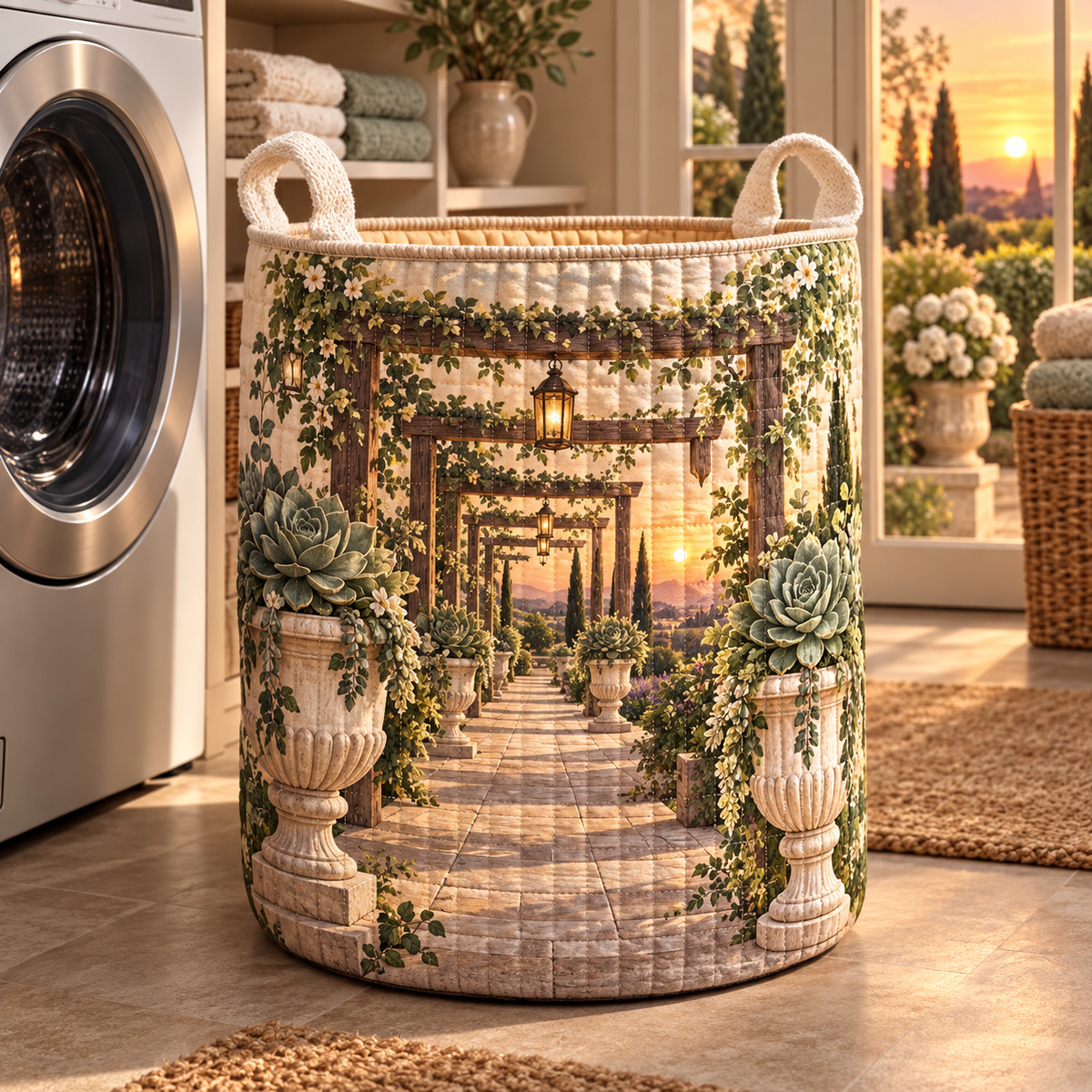Succulent Welcome Terrace Laundry Hamper with flat printed succulent welcome terrace artwork