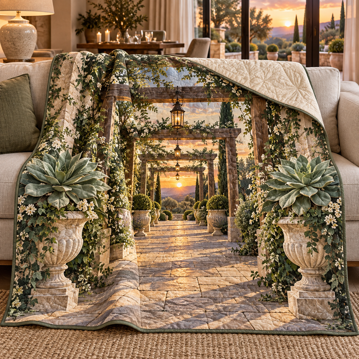 Succulent Welcome Terrace Quilt Blanket with flat printed succulent welcome terrace artwork