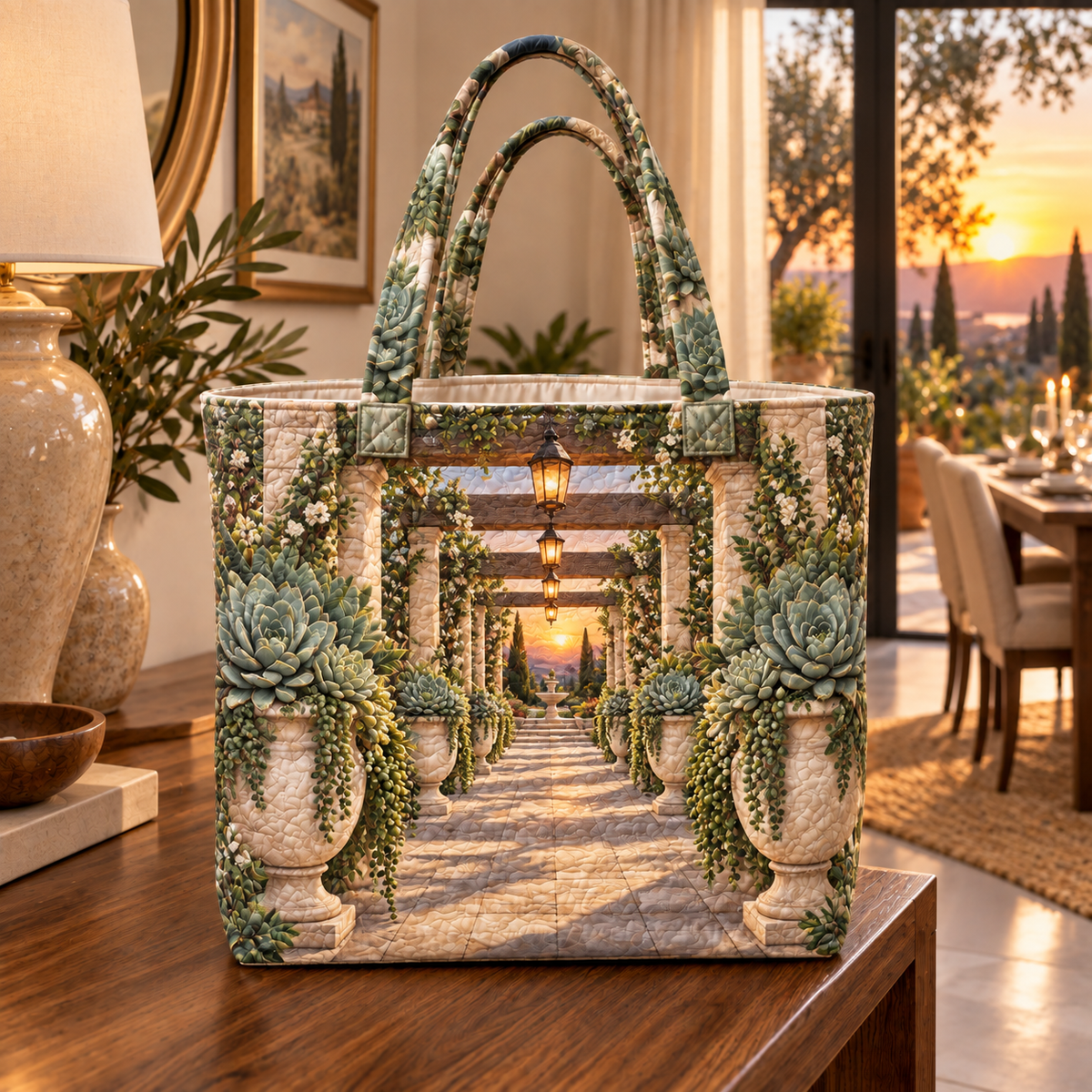 Succulent Welcome Terrace Quilted Tote Bag with flat printed succulent welcome terrace artwork