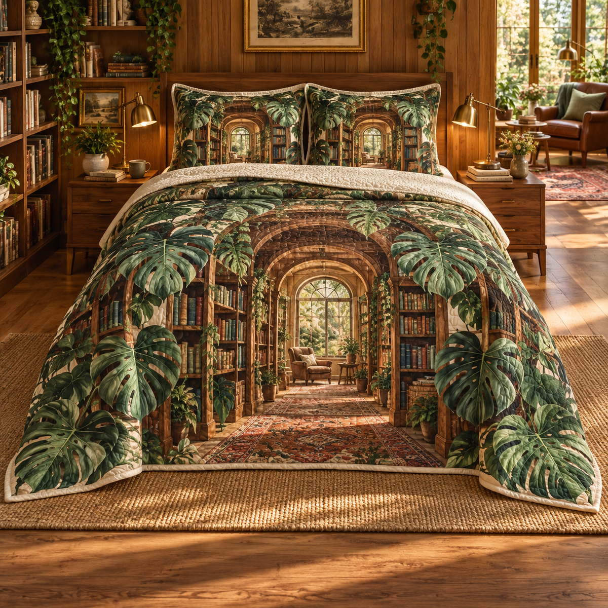 Monstera Library Passage Quilted Bedding Set with flat printed monstera library passage artwork