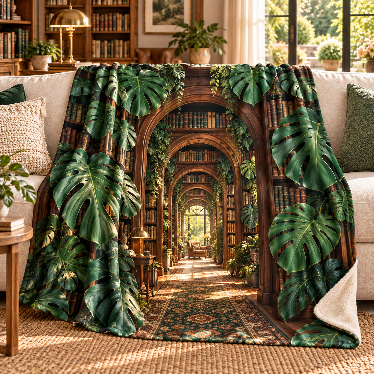 Monstera Library Passage Sherpa & Fleece Blanket with flat printed monstera library passage artwork