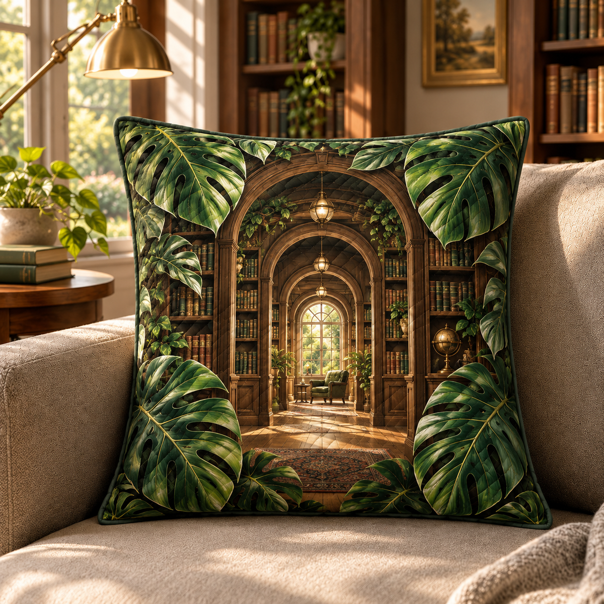 Monstera Library Passage Quilted Cushion Cover with flat printed monstera library passage artwork