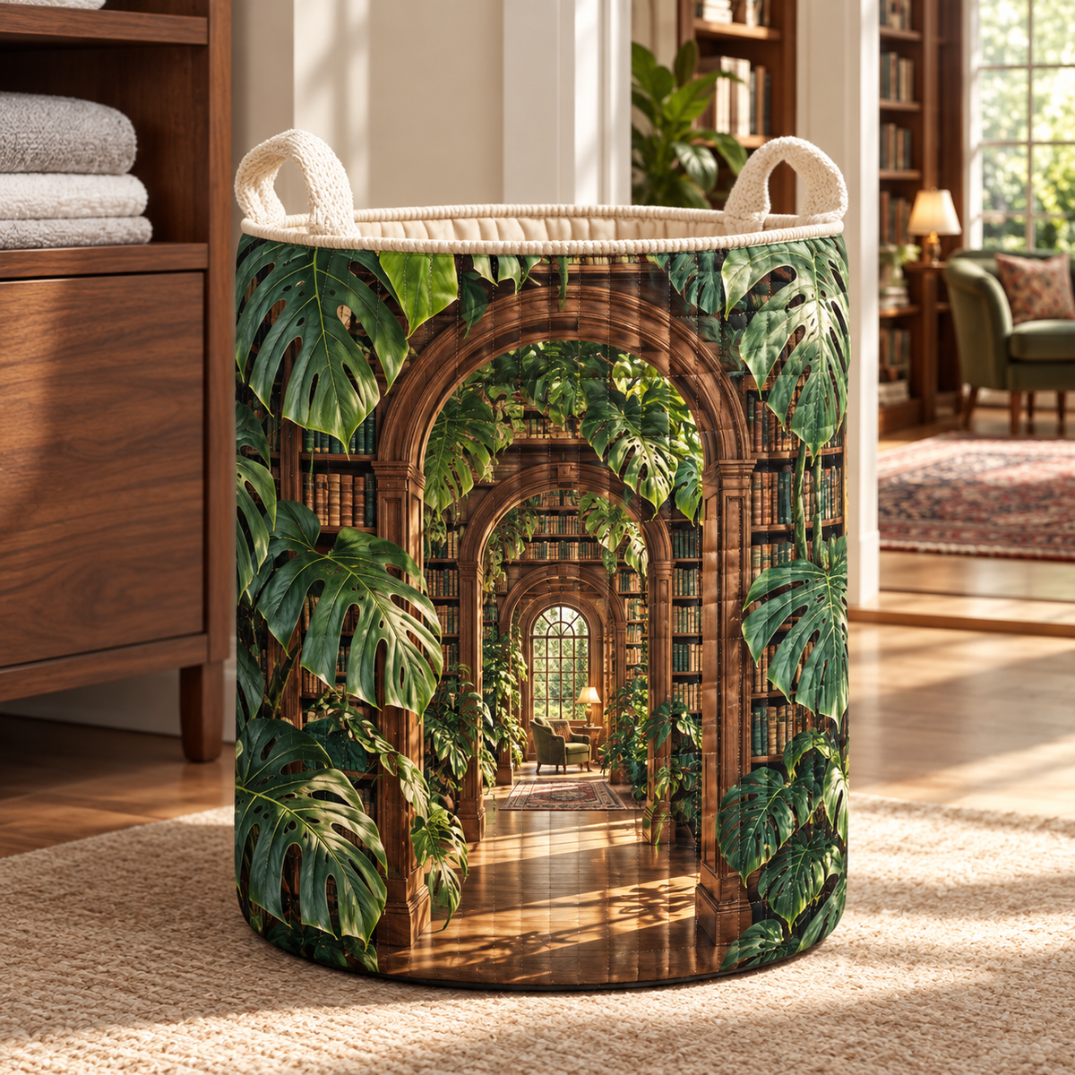 Monstera Library Passage Laundry Hamper with flat printed monstera library passage artwork
