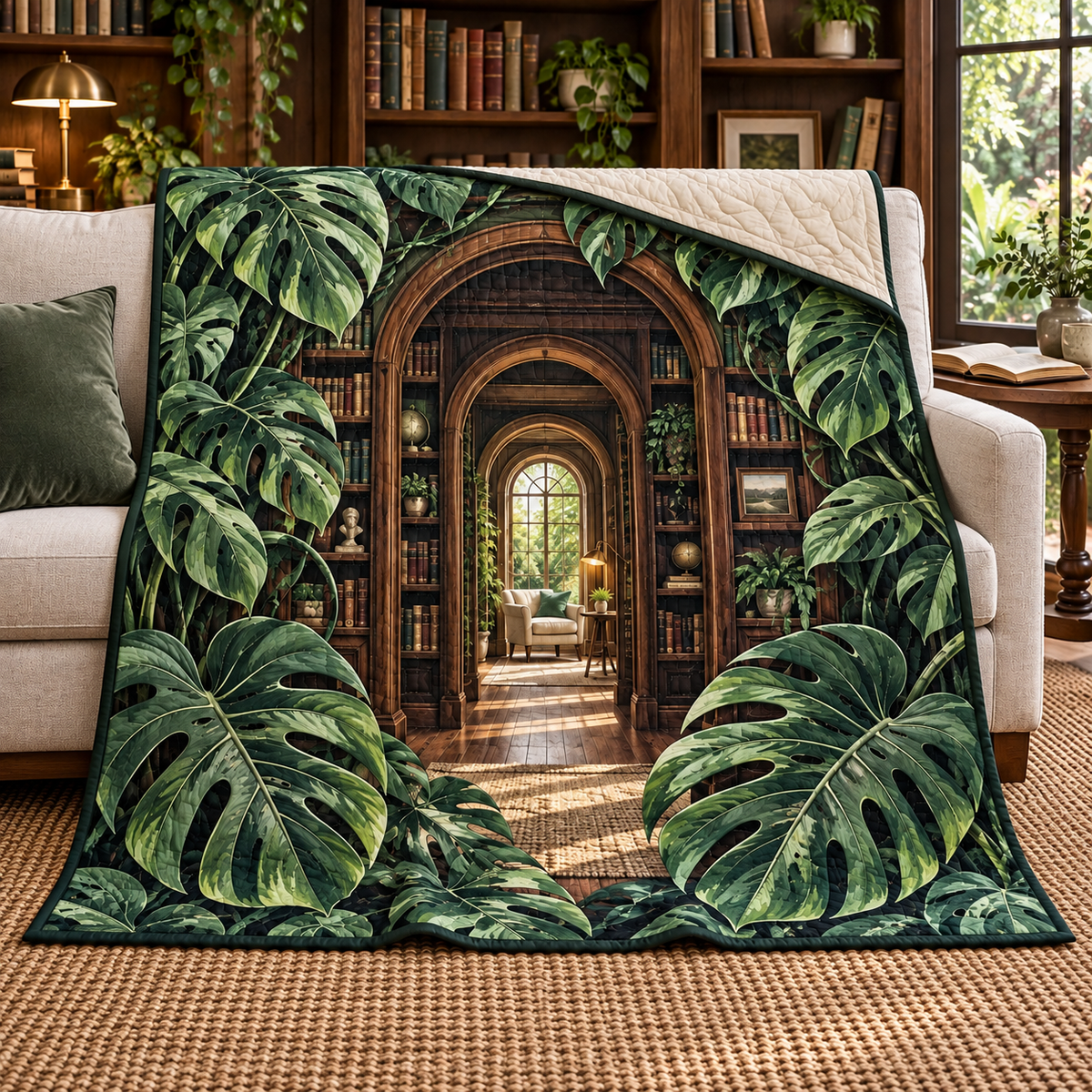 Monstera Library Passage Quilt Blanket with flat printed monstera library passage artwork