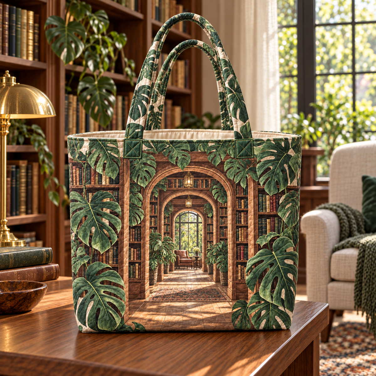 Monstera Library Passage Quilted Tote Bag with flat printed monstera library passage artwork
