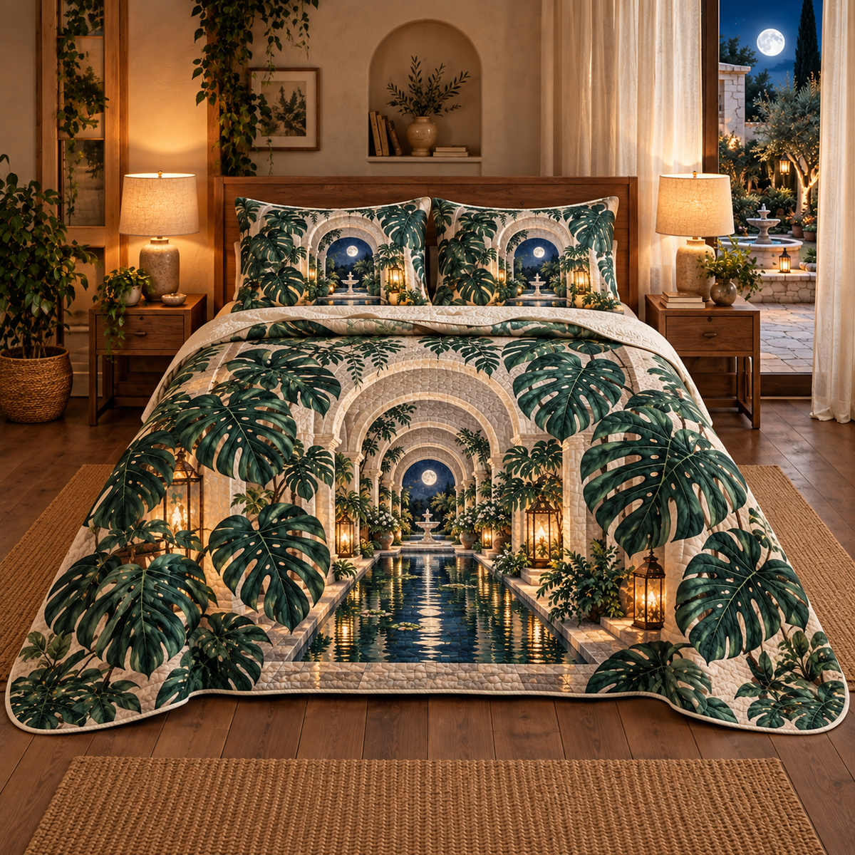 Monstera Moonlit Atrium Quilted Bedding Set with flat printed monstera moonlit atrium artwork