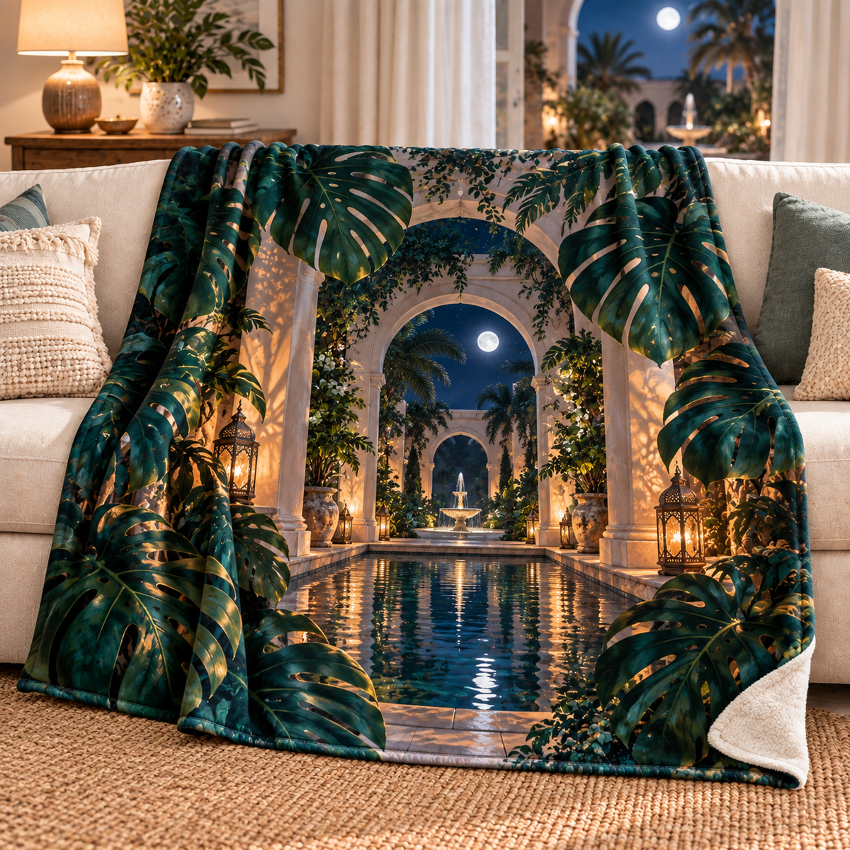 Monstera Moonlit Atrium Sherpa & Fleece Blanket with flat printed monstera moonlit atrium artwork