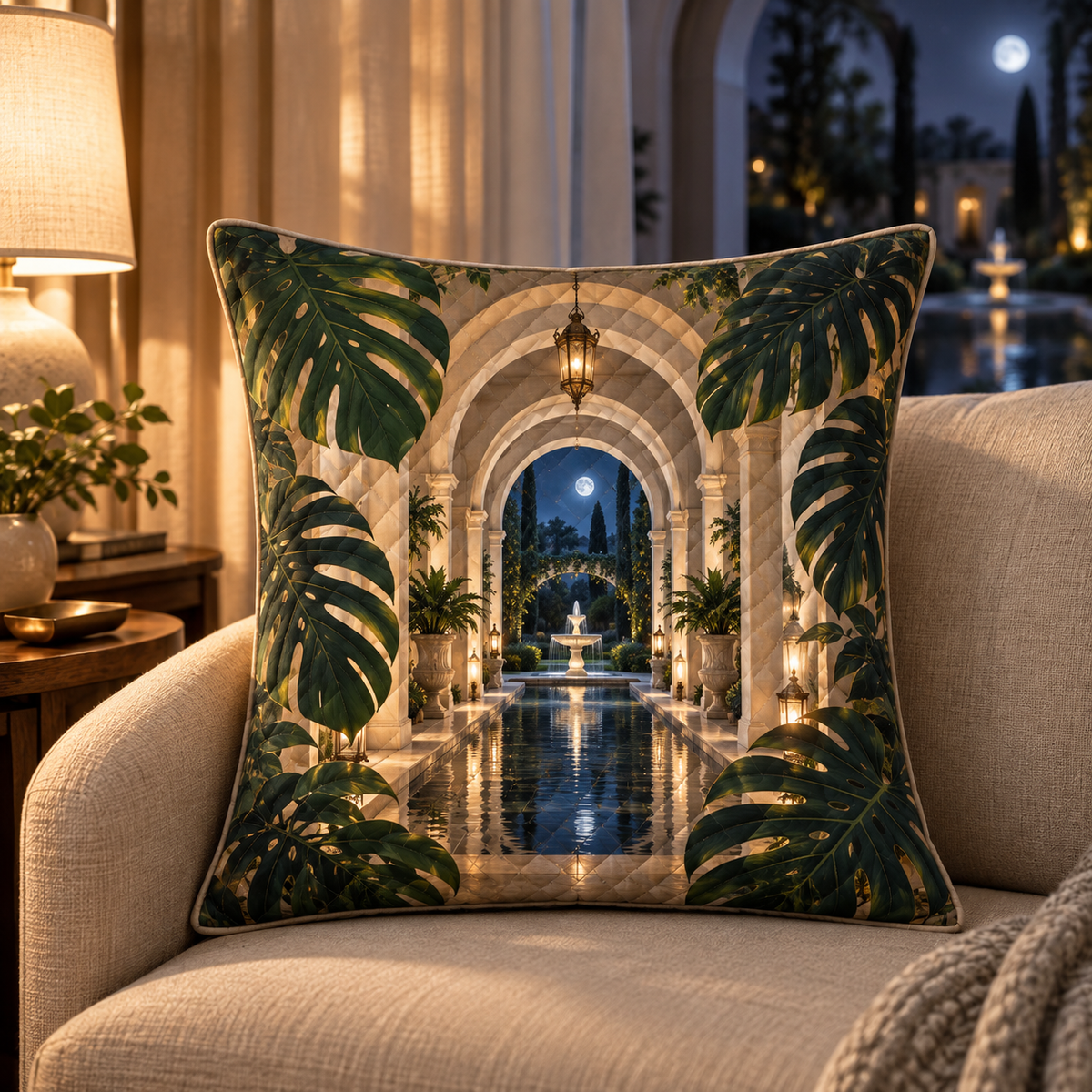 Monstera Moonlit Atrium Quilted Cushion Cover with flat printed monstera moonlit atrium artwork