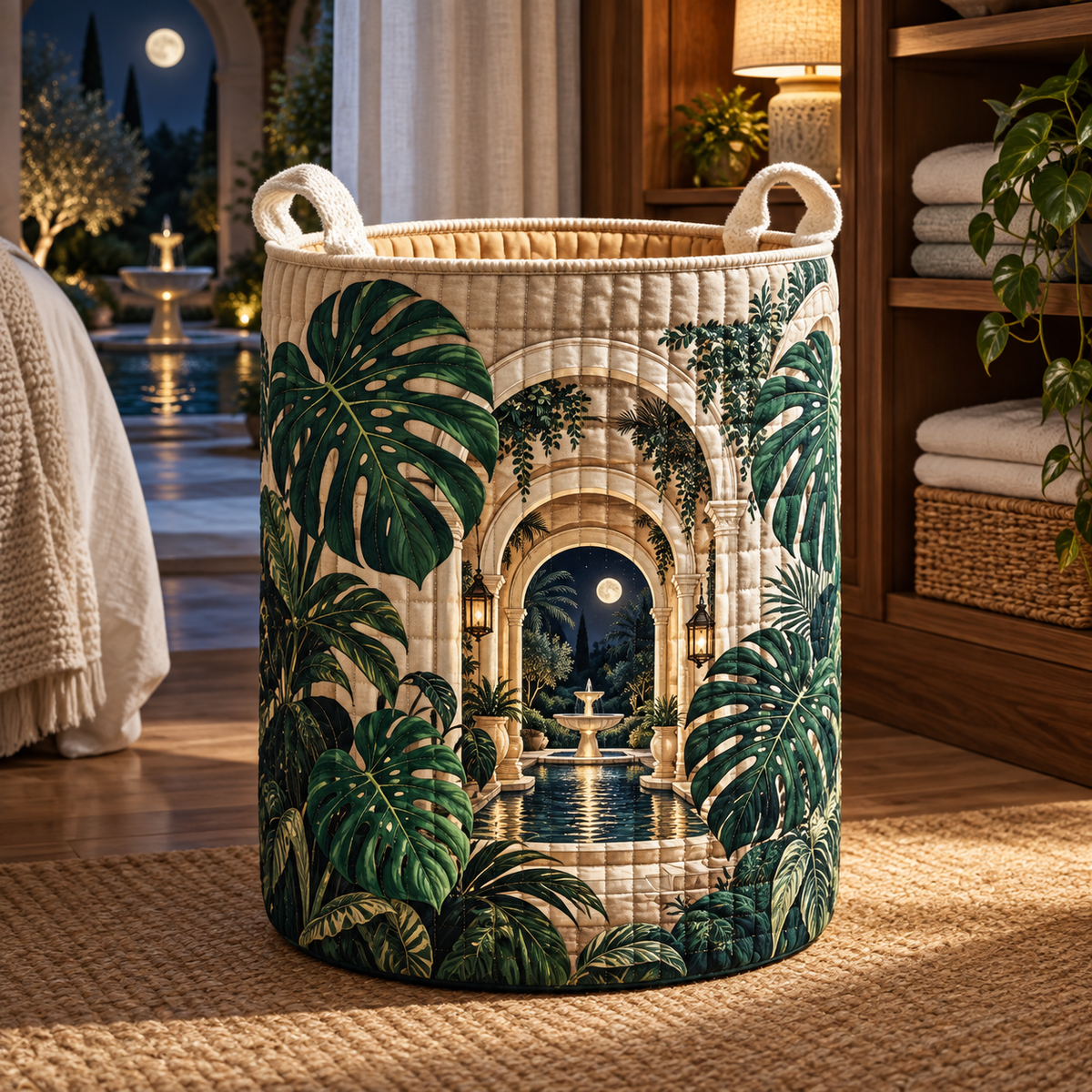Monstera Moonlit Atrium Laundry Hamper with flat printed monstera moonlit atrium artwork