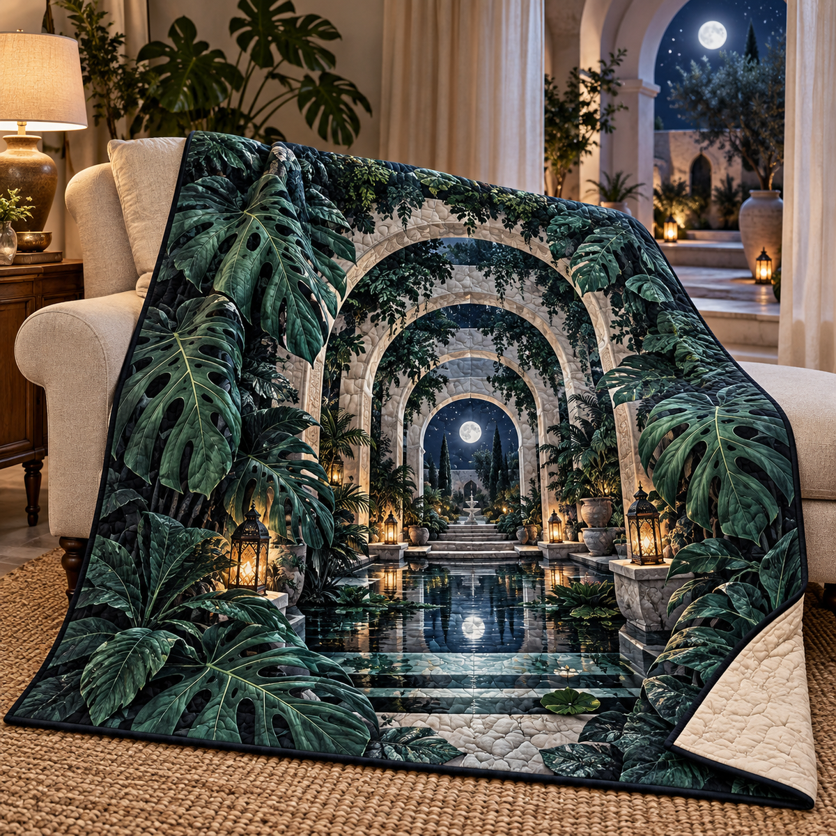 Monstera Moonlit Atrium Quilt Blanket with flat printed monstera moonlit atrium artwork
