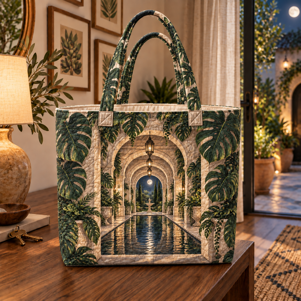 Monstera Moonlit Atrium Quilted Tote Bag with flat printed monstera moonlit atrium artwork