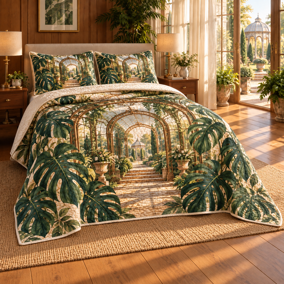 Monstera Grand Conservatory Quilted Bedding Set with flat printed monstera grand conservatory artwork