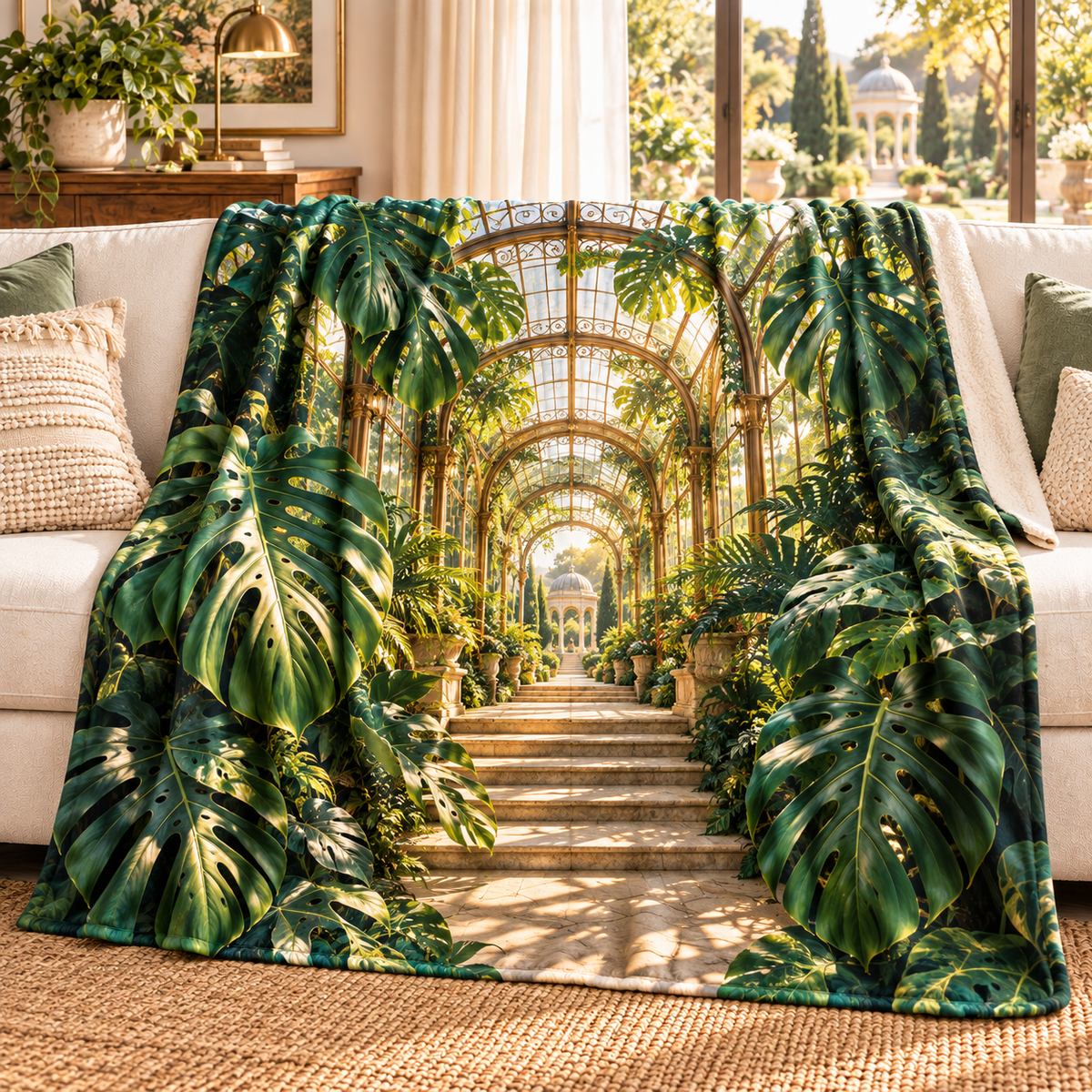 Monstera Grand Conservatory Sherpa & Fleece Blanket with flat printed monstera grand conservatory artwork