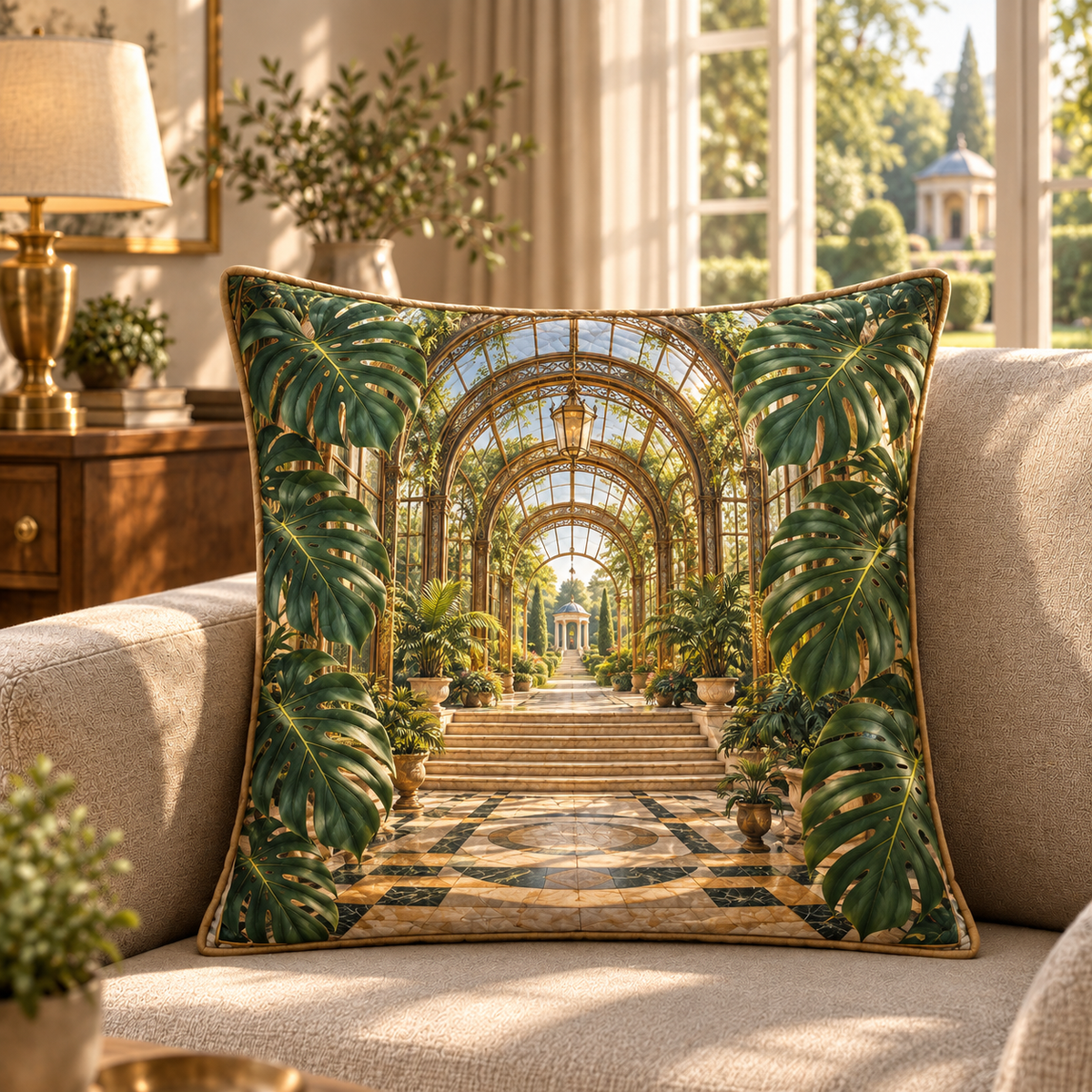 Monstera Grand Conservatory Quilted Cushion Cover with flat printed monstera grand conservatory artwork