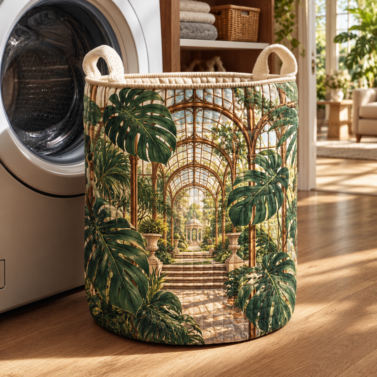 Monstera Grand Conservatory Laundry Hamper with flat printed monstera grand conservatory artwork