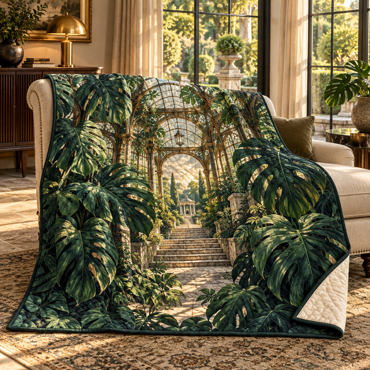 Monstera Grand Conservatory Quilt Blanket with flat printed monstera grand conservatory artwork