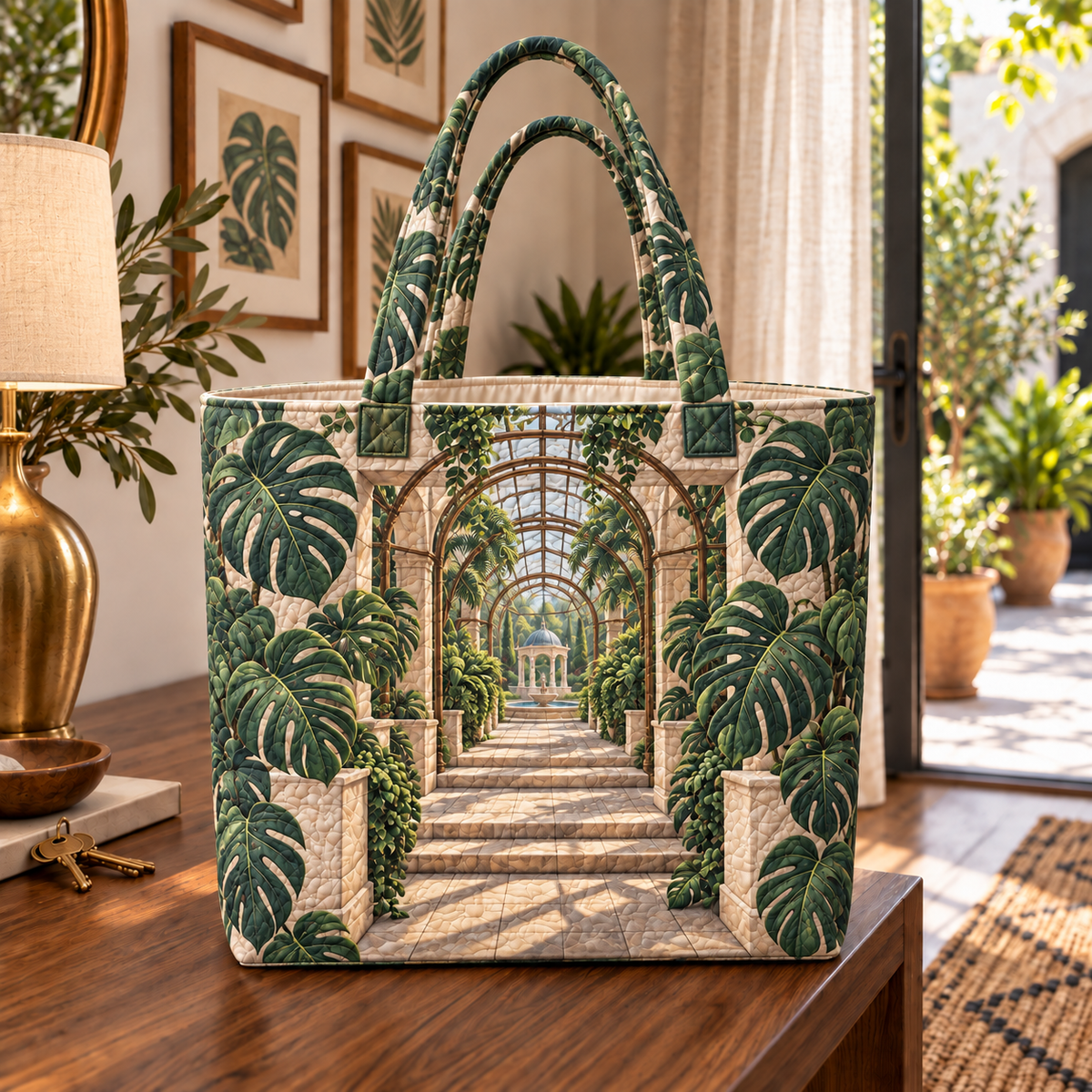 Monstera Grand Conservatory Quilted Tote Bag with flat printed monstera grand conservatory artwork