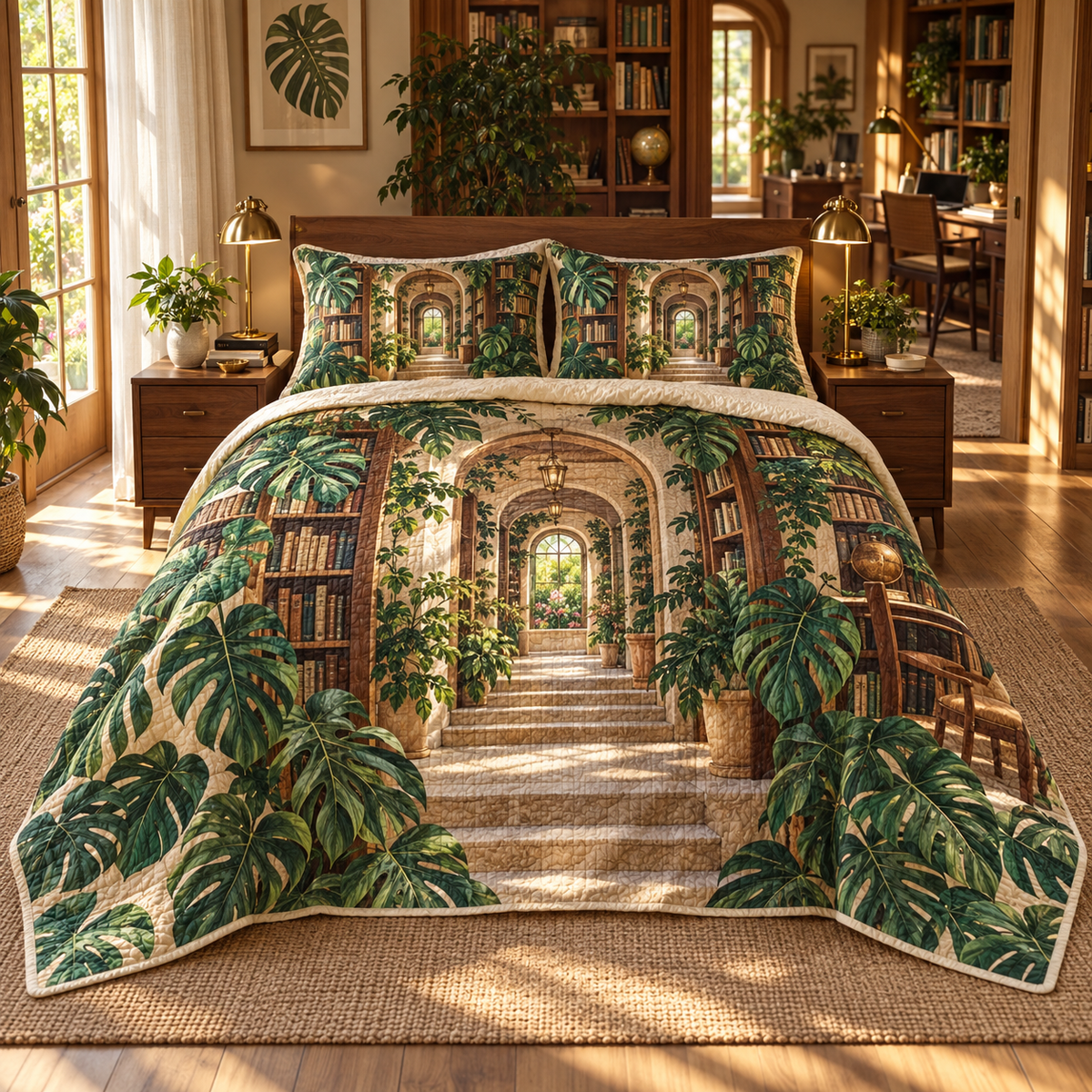 Monstera Study Arcade Quilted Bedding Set with flat printed monstera study arcade artwork