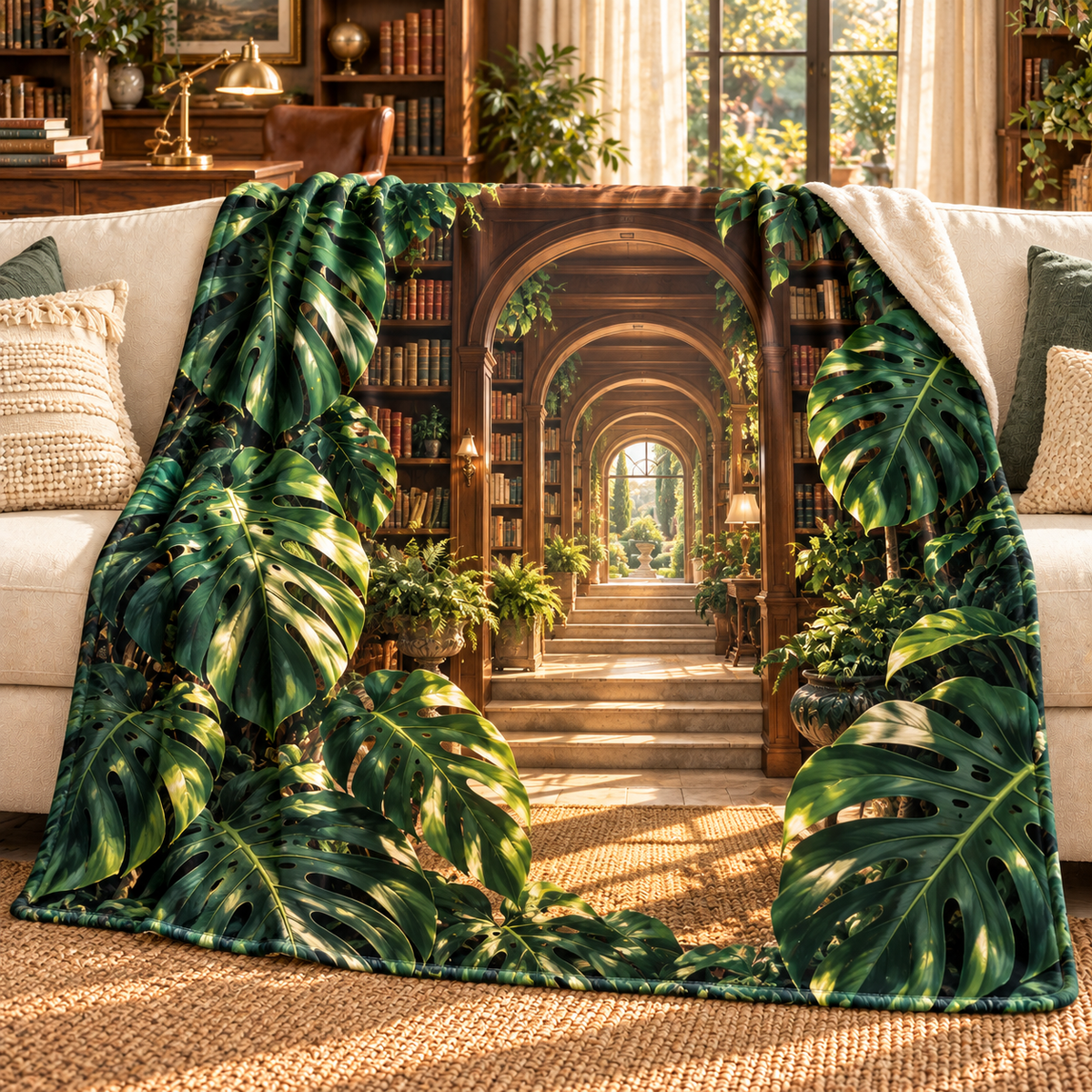Monstera Study Arcade Sherpa & Fleece Blanket with flat printed monstera study arcade artwork