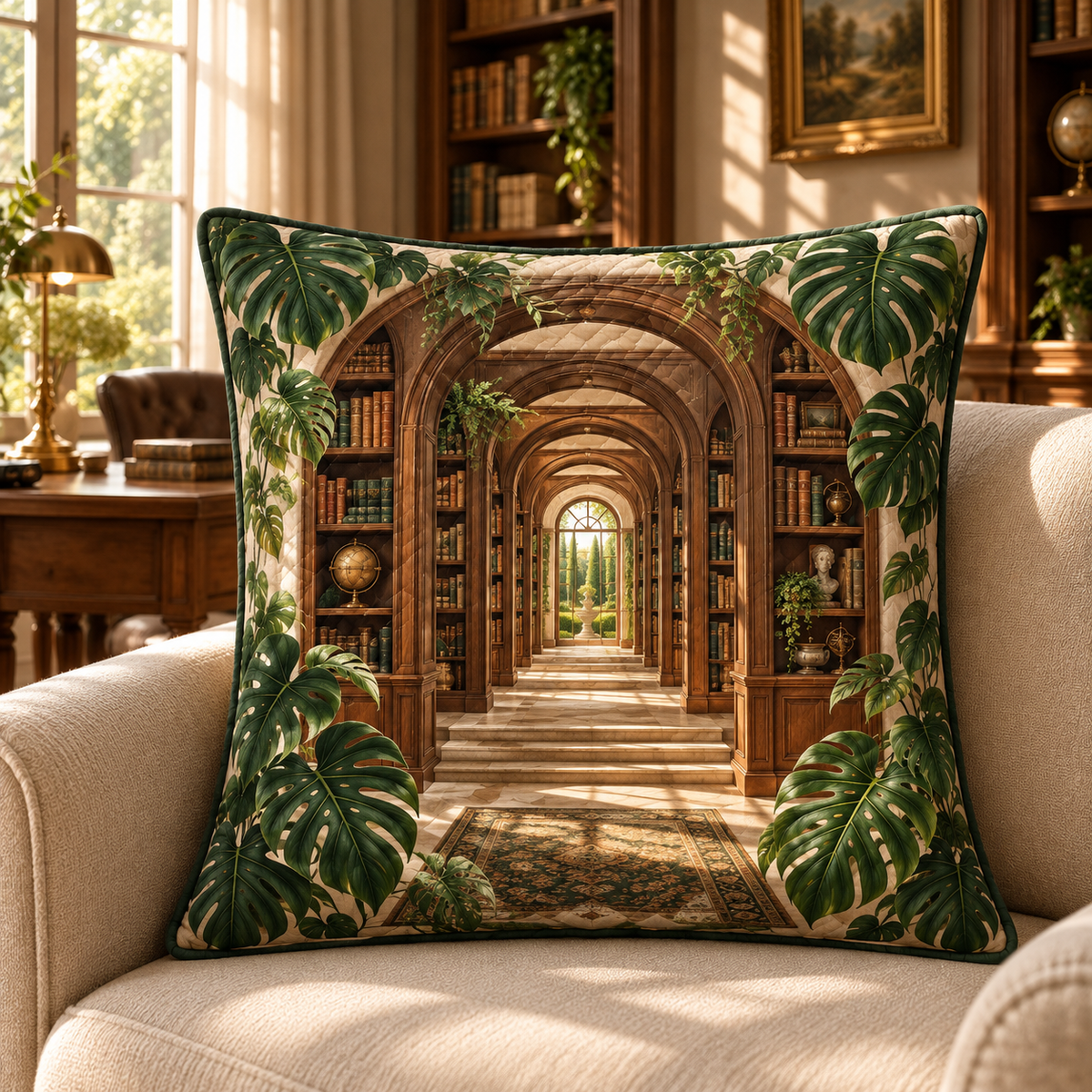 Monstera Study Arcade Quilted Cushion Cover with flat printed monstera study arcade artwork