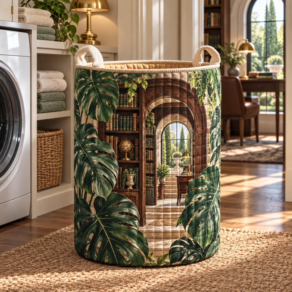 Monstera Study Arcade Laundry Hamper with flat printed monstera study arcade artwork