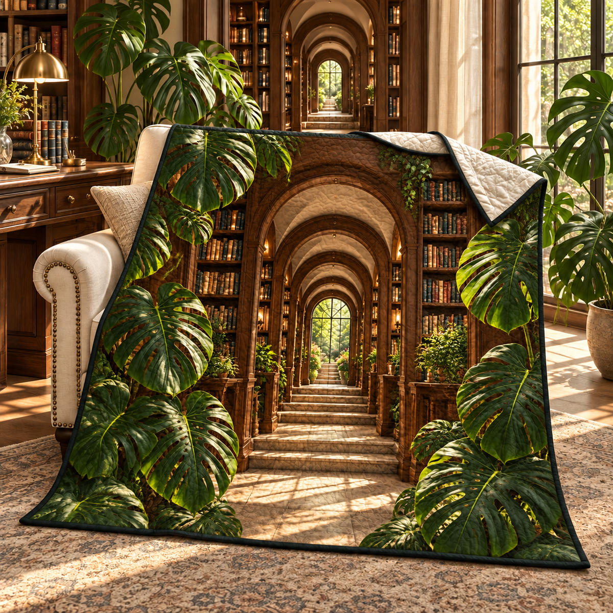 Monstera Study Arcade Quilt Blanket with flat printed monstera study arcade artwork