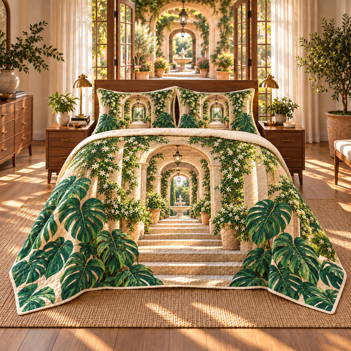 Monstera Welcome Courtyard Quilted Bedding Set with flat printed monstera welcome courtyard artwork