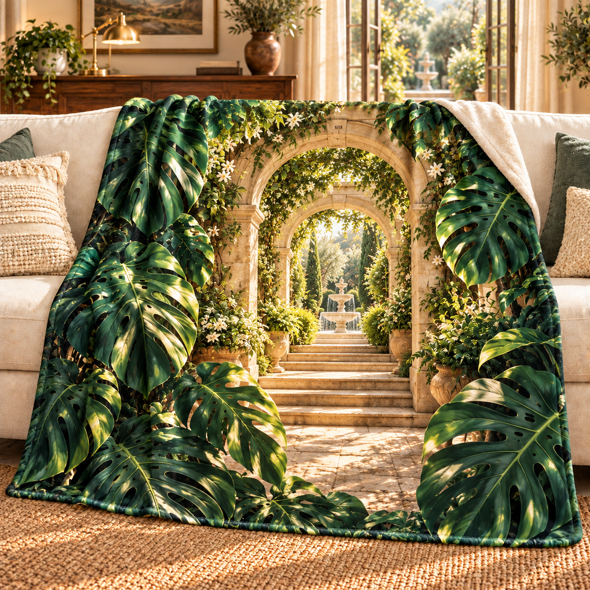 Monstera Welcome Courtyard Sherpa & Fleece Blanket with flat printed monstera welcome courtyard artwork