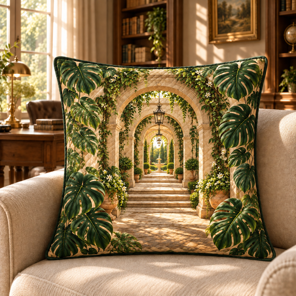 Monstera Welcome Courtyard Quilted Cushion Cover with flat printed monstera welcome courtyard artwork