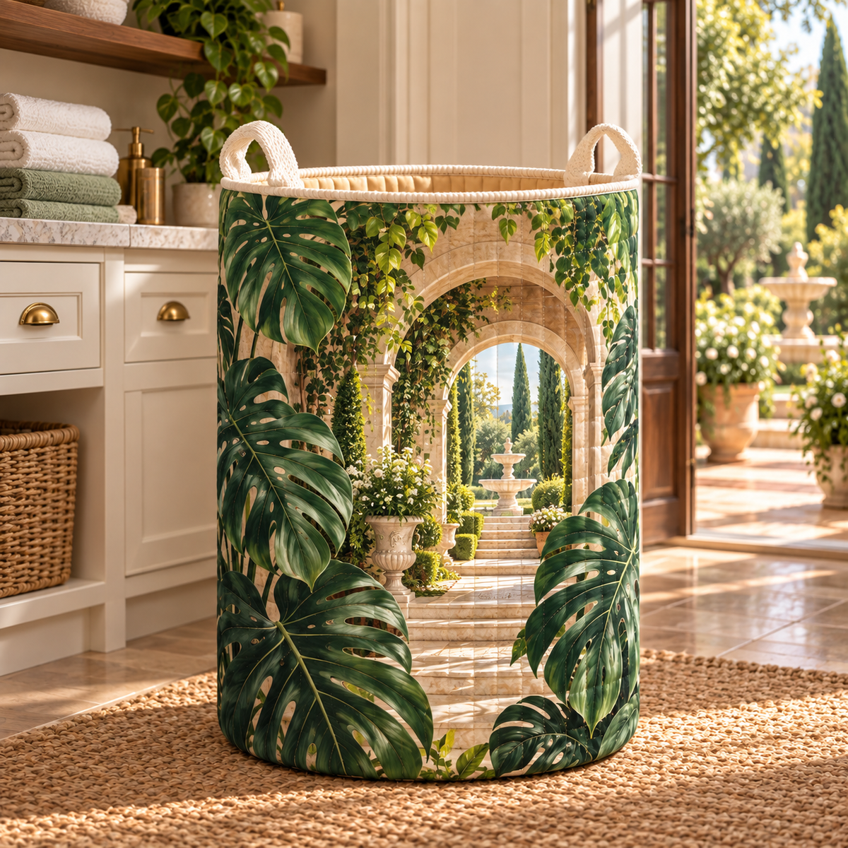 Monstera Welcome Courtyard Laundry Hamper with flat printed monstera welcome courtyard artwork