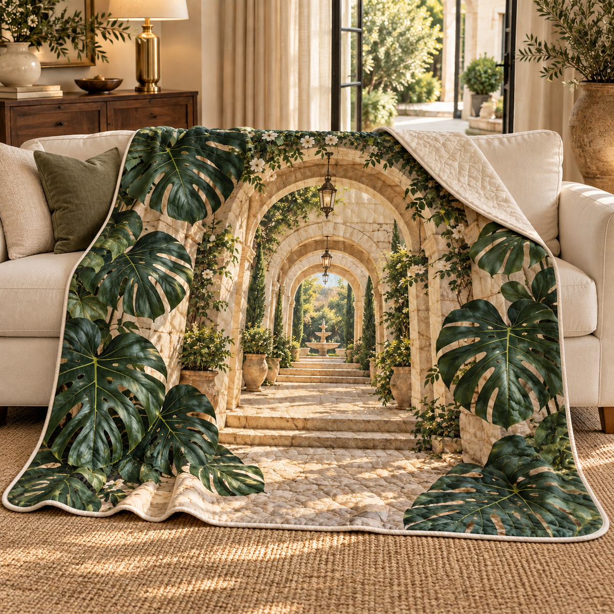Monstera Welcome Courtyard Quilt Blanket with flat printed monstera welcome courtyard artwork