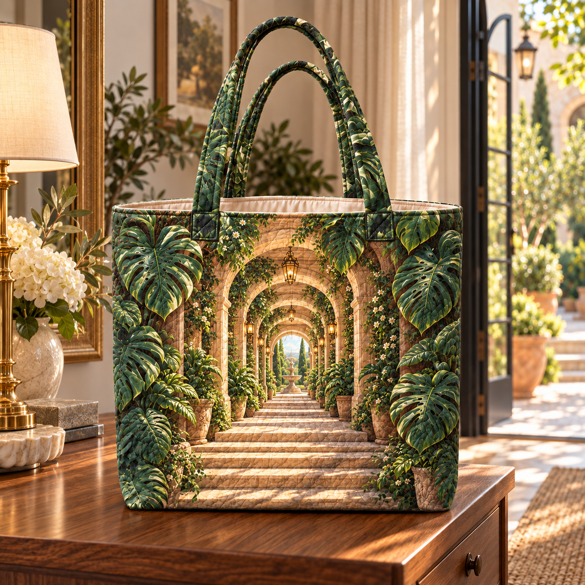 Monstera Welcome Courtyard Quilted Tote Bag with flat printed monstera welcome courtyard artwork