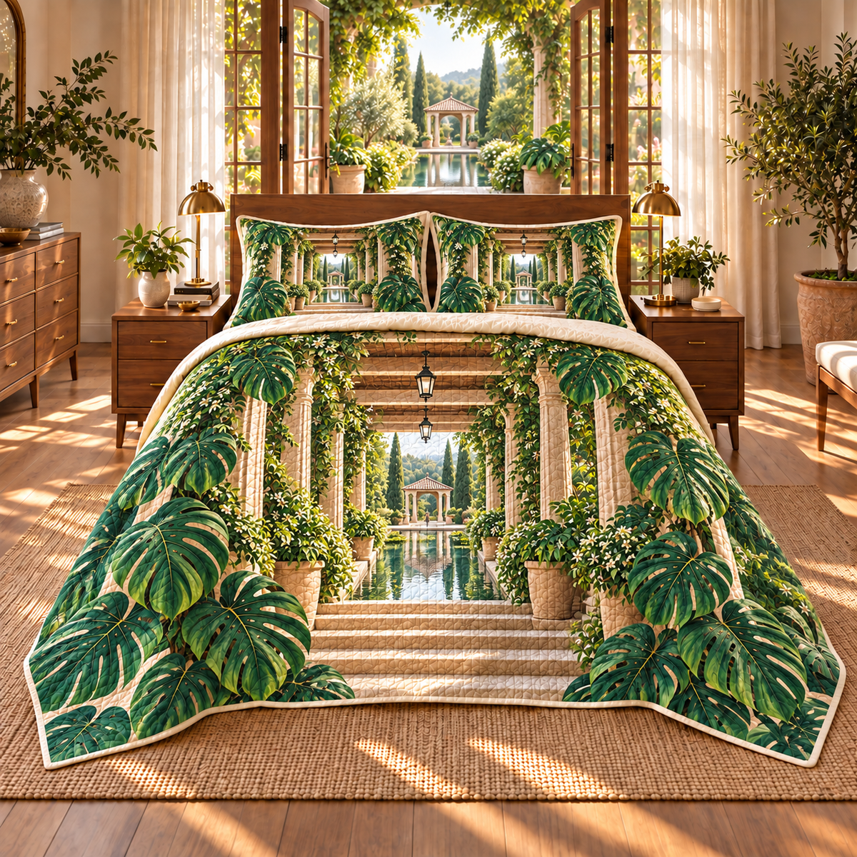 Monstera Quiet Pavilion Quilted Bedding Set with flat printed monstera quiet pavilion artwork
