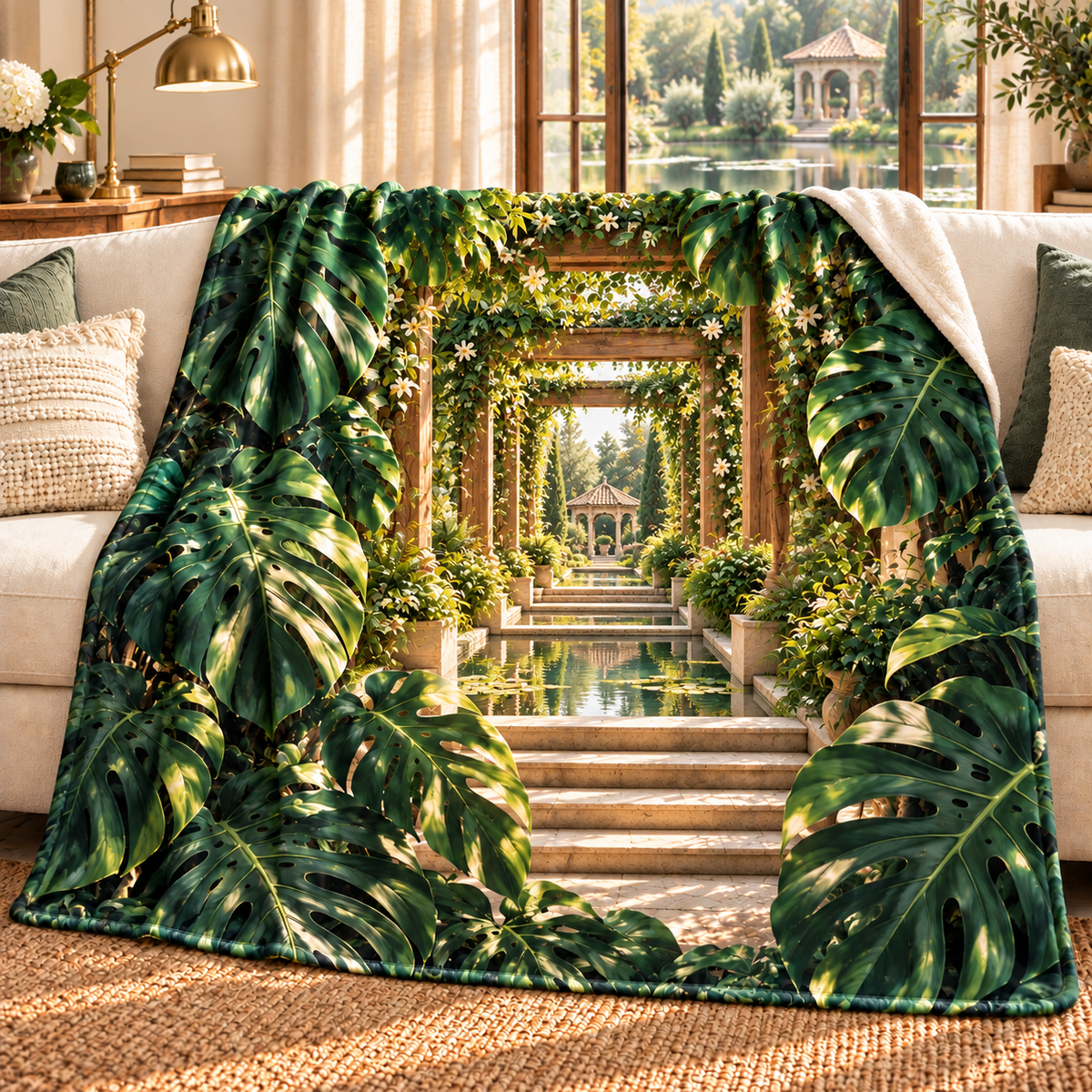 Monstera Quiet Pavilion Sherpa & Fleece Blanket with flat printed monstera quiet pavilion artwork