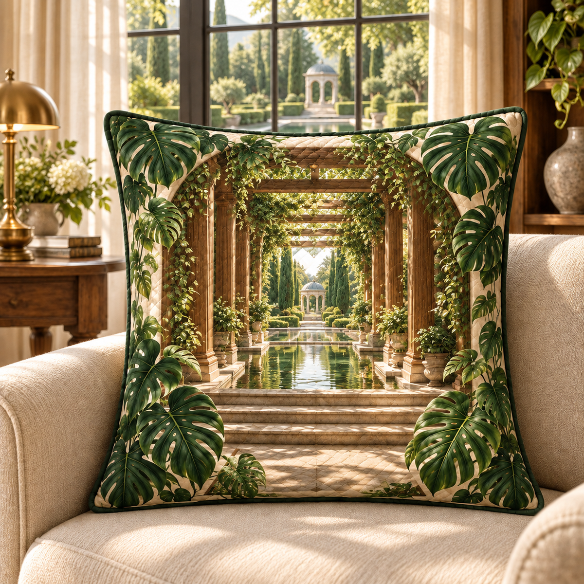 Monstera Quiet Pavilion Quilted Cushion Cover with flat printed monstera quiet pavilion artwork