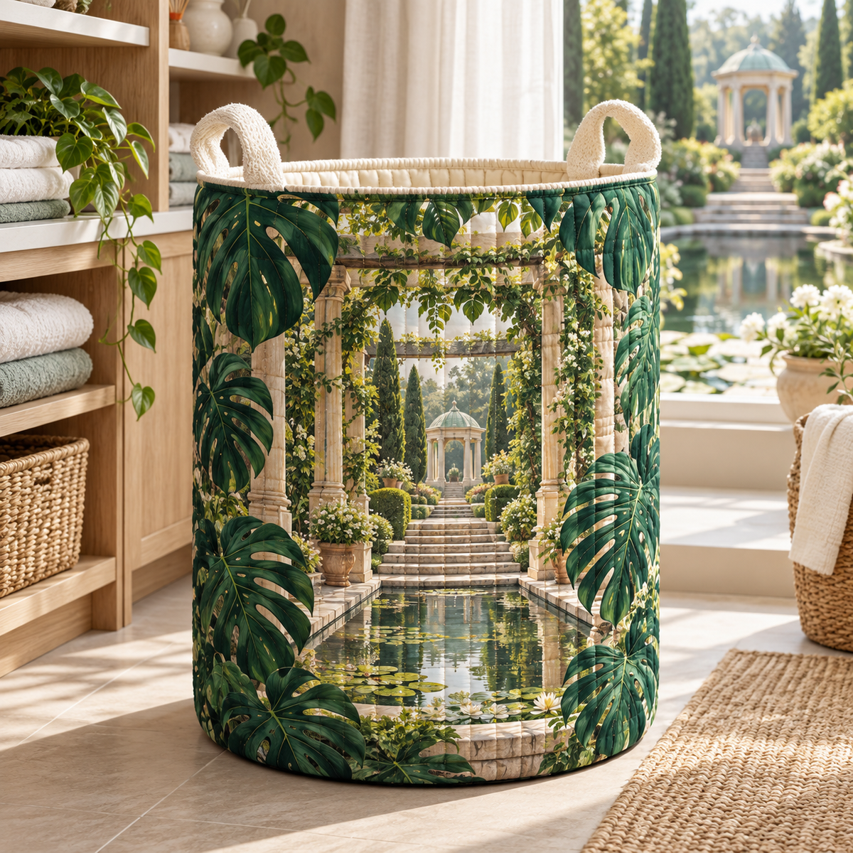 Monstera Quiet Pavilion Laundry Hamper with flat printed monstera quiet pavilion artwork
