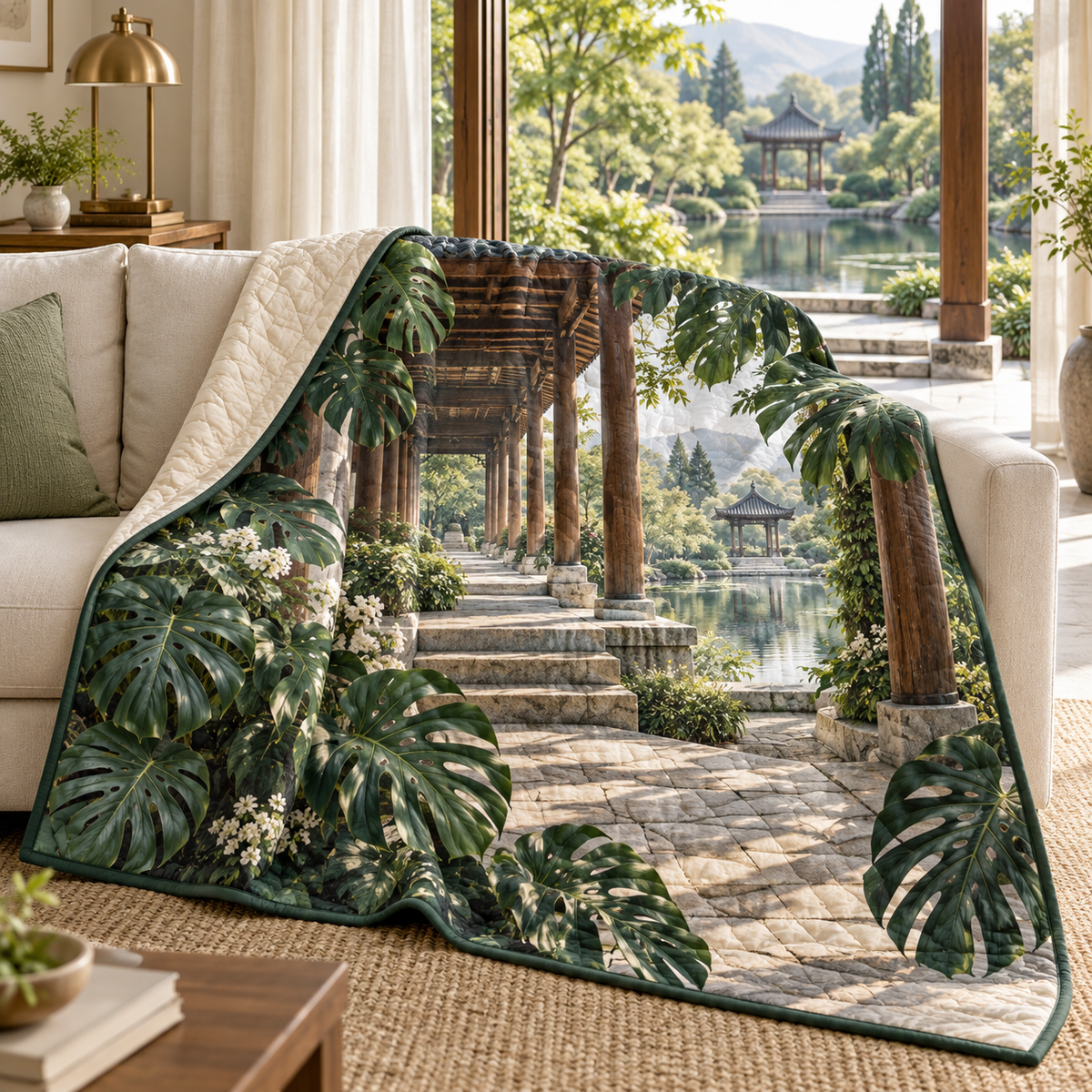 Monstera Quiet Pavilion Quilt Blanket with flat printed monstera quiet pavilion artwork