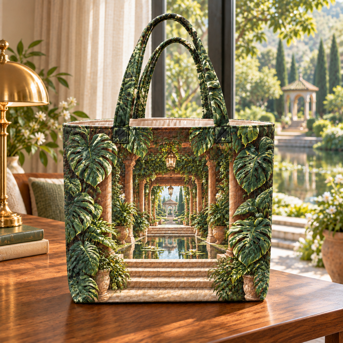 Monstera Quiet Pavilion Quilted Tote Bag with flat printed monstera quiet pavilion artwork