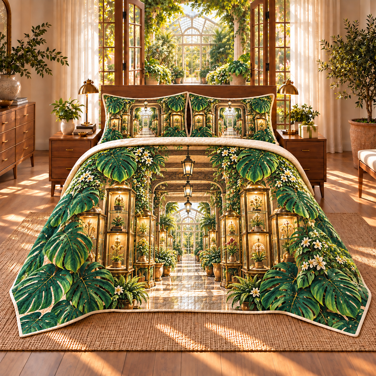 Monstera Collector Gallery Quilted Bedding Set with flat printed monstera collector gallery artwork