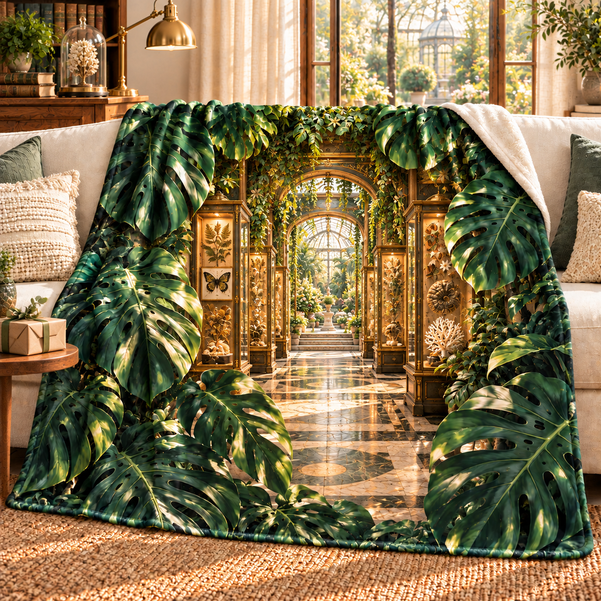 Monstera Collector Gallery Sherpa & Fleece Blanket with flat printed monstera collector gallery artwork