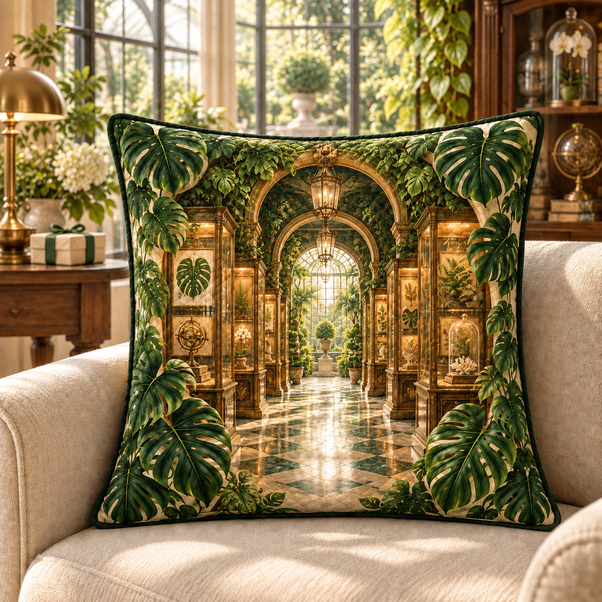 Monstera Collector Gallery Quilted Cushion Cover with flat printed monstera collector gallery artwork