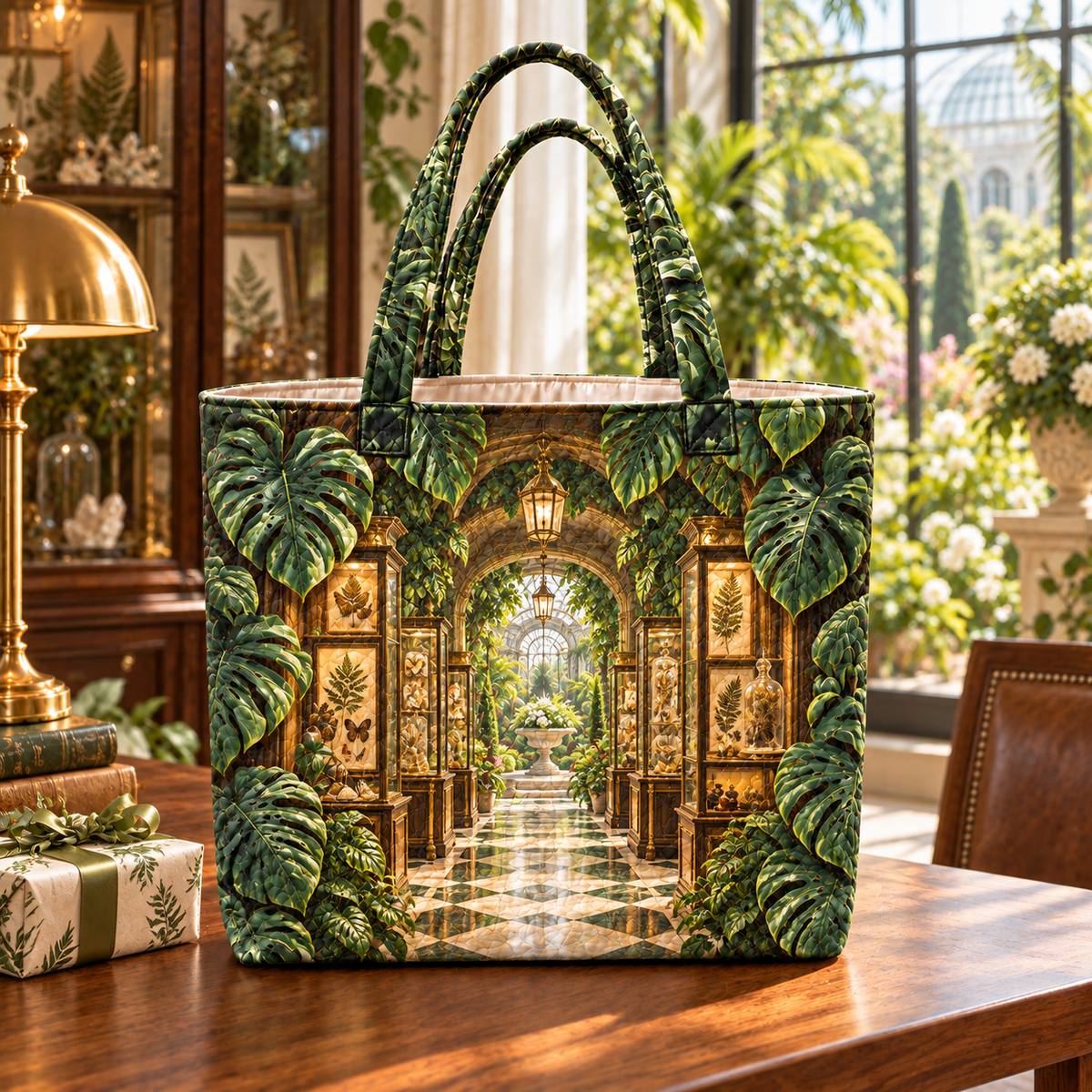Monstera Collector Gallery Quilted Tote Bag with flat printed monstera collector gallery artwork