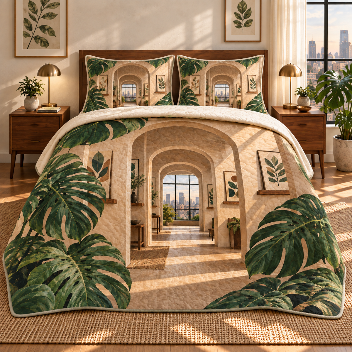 Monstera Loft Gallery Quilted Bedding Set with flat printed monstera loft gallery artwork