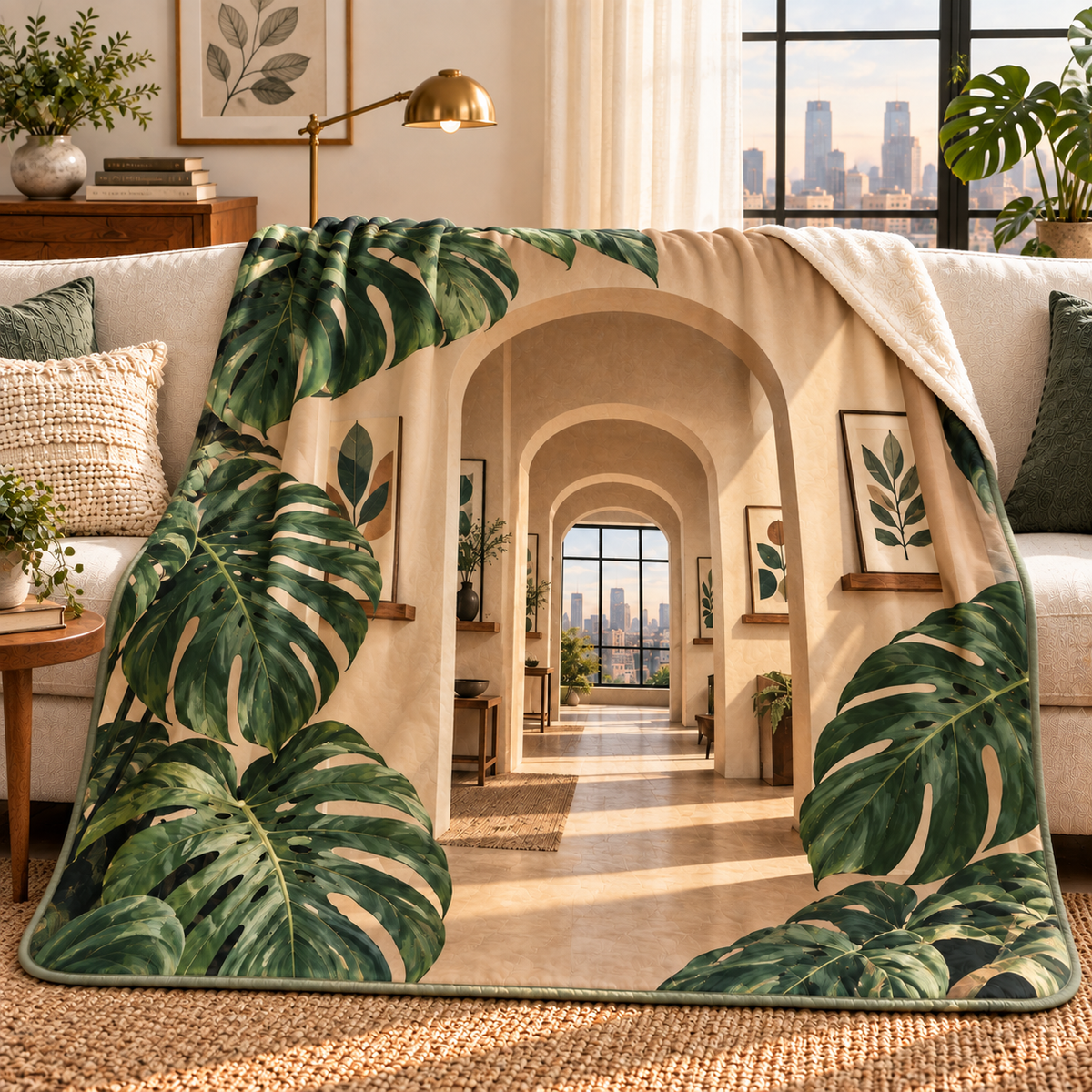 Monstera Loft Gallery Sherpa & Fleece Blanket with flat printed monstera loft gallery artwork