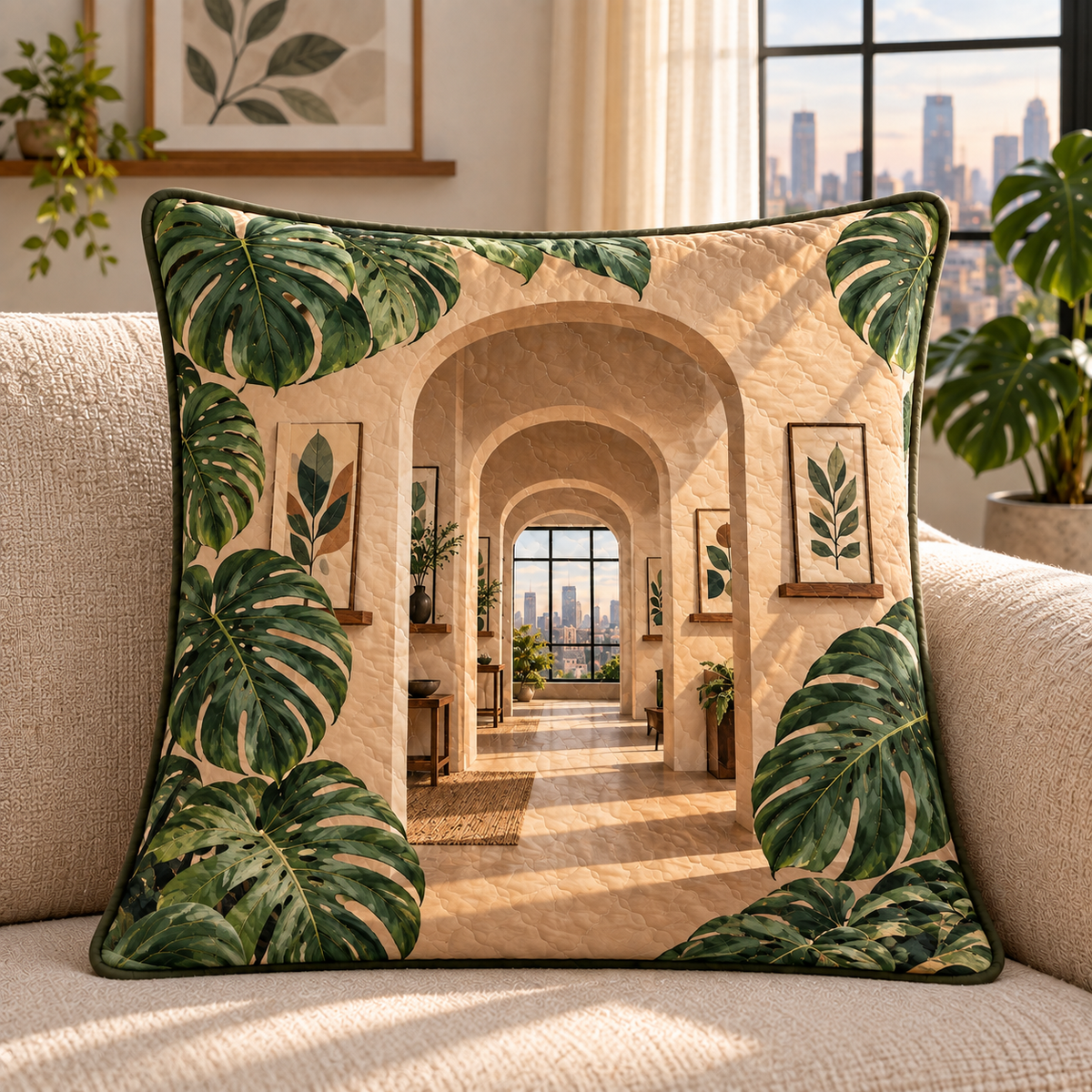 Monstera Loft Gallery Quilted Cushion Cover with flat printed monstera loft gallery artwork